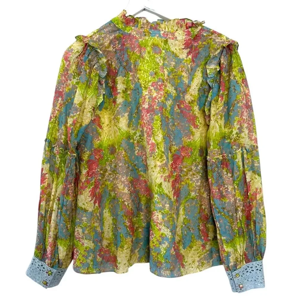 LoveShackFancy Floral Ruffle Blouse Cotton Silk Sheer Romantic Top Size Large